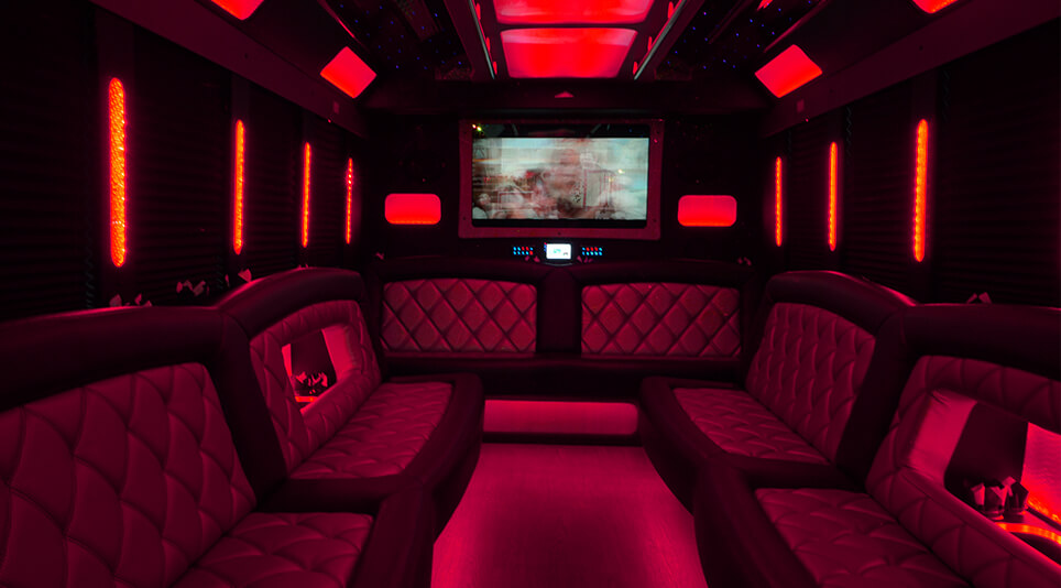 Party bus interior with moody LED lights
